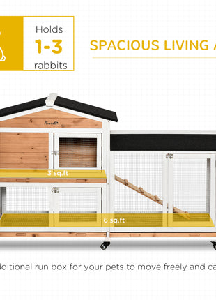 62" Wooden Mobile Rabbit Hutch with Wheels, Run Box, Slide-out Tray, Ramp, Yellow