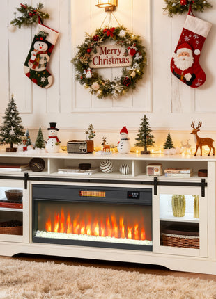 Fireplace TV Stand for TVs Up to 80 Inch, TV Console with Electric Fireplace, Open Storage and Side Cabinets, White