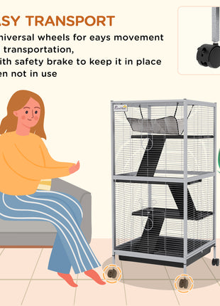 45" H Rolling Small Animal Cage with Hammock, Ferret Cage, Chinchilla Cage, Pet Habitat with 6 Doors, Removable Tray