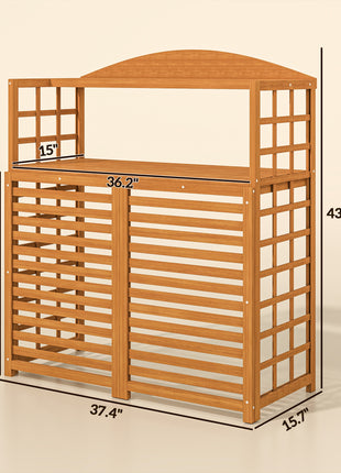 Outdoor Air Conditioner Fence Privacy Screen, Wood AC Fence Potting Table with Shelves for Patio, Light Brown
