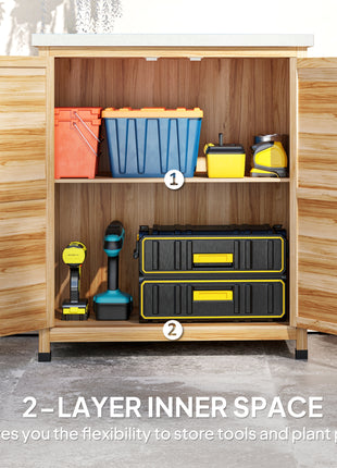 Wooden Storage Cabinet, Outdoor Prep Table w/ Metal Tabletop, Shelves and Double Doors for Patio, Garden, Natural Wood