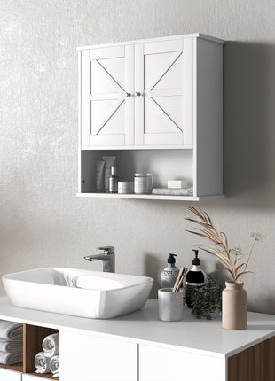 Farmhouse Bathroom Medicine Cabinet, Wall Cabinet with Barn Doors and Adjustable Shelf for Laundry Room, White