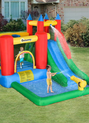 Kids Bounce House Inflatable Slide with Splash Pool, Water Cannon, Climbing Wall, Inflator Included, 6 in1 Bouncy Castle Kids Backyard Activity Outdoor Water Play Toy