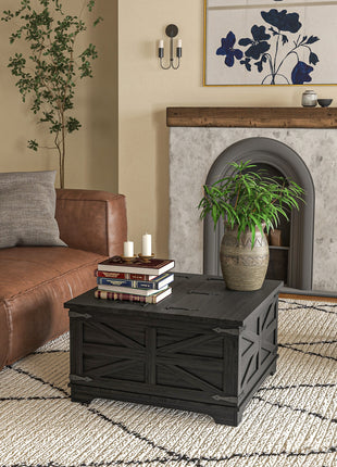 Farmhouse Coffee Table, Square Center Table with Flip-top Lids, Hidden Storage Compartment, Distressed Black