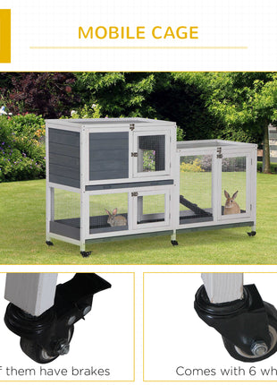 Wooden Rabbit Hutch Bunny Hutch Elevated Pet House Cage Small Animal Habitat with No Leak Tray Lockable Door Openable Top for Rabbits, Chickens, Ducks, Indoor 57.75" x 18" x 32.5" Gray