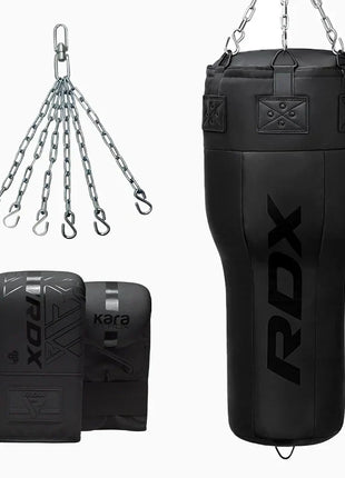 RDX 3-in-1 Angle Punch Bag Full Black with Gloves Set