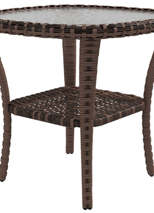 Outdoor Coffee Table with Storage Shelf, Hand-Woven Wicker Side Table with Water-Ripple Glass Top, Mix Brown