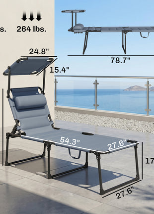Outdoor Lounge Chair, 4 Position Adjustable Backrest, Folding, Cushioned w/ Sun Shade Roof & Pillow, Gray