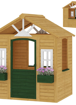 Outdoor Playhouse, Wooden Kids Playhouse with Door, 3 Windows, 2 Flower Boxes for Garden, Indoor Playroom, Ages 3–8