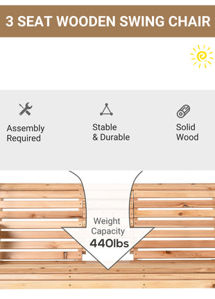 3-Seater Wooden Porch Swing, Patio Swing Bench with Folding Coffee Table, Cup Holders and Chains Included, 440lbs Weight Capacity, Natural