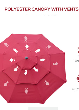 9FT 3 Tiers Patio Umbrella Outdoor Market Umbrella with Crank, Push Button Tilt for Deck, Backyard and Lawn, Wine Red