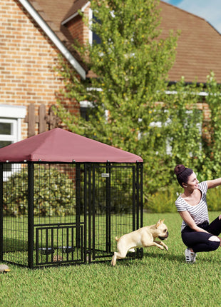Welded Wire Outdoor Dog Kennel with 360° Rotating & 4 Levels Adjustable Bowls, Waterproof Cover, 4.6' x 4.6' x 5'