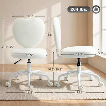 Heart Love Shaped Back Design Vanity Chair,  Office Chair with Adjustable Height and 360 Swivel Castor Wheels, White