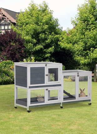 Wooden Rabbit Hutch Bunny Hutch Elevated Pet House Cage Small Animal Habitat with No Leak Tray Lockable Door Openable Top for Rabbits, Chickens, Ducks, Indoor 57.75" x 18" x 32.5" Gray