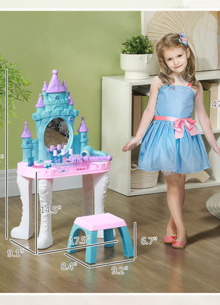 Kids Vanity Set with Mirror and Stool, Light, Music, Castle Design Makeup Table for Girls 3-6 Years, Multicolor