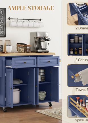 Kitchen Island on Wheels, Rolling Cart with Rubberwood Top, Spice Rack, Towel Rack and Drawers, Navy Blue