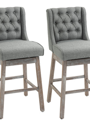 Bar Height Bar Stools Set of 2, 180 Degree Swivel Barstools with Solid Wood Footrests and Button Tufted Design, 30" Seat Height Bar Chairs for Kitchen Island, Gray