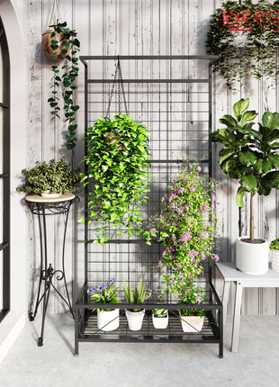 Metal Tall Plant Stand with Trellis and Hanging Bar, Plant Holder for Indoor Outdoor Use, 35" x 12.8" x 74", Black