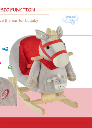 Kids Ride-On Rocking Horse Toy, Rocker with Lullaby Song, Hand Puppets & Soft Plush Fabric for Children 18-36 Months, Gray