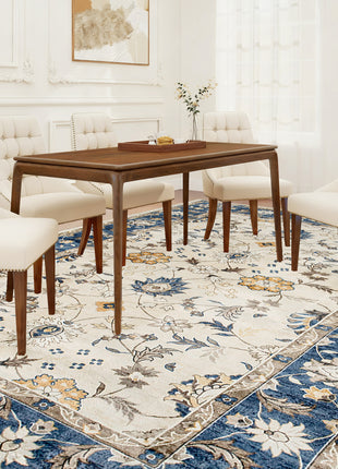 Machine Washable Area Rug 8x10, Non-Slip Boho Floral Print Floor Carpet for Living Room, Bedroom, Dining Room, Blue