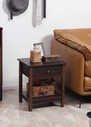 End Table with Drawer, Side Table with Top and Bottom Shelf for Small Spaces, Dark Brown