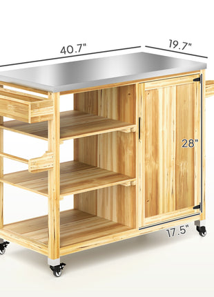 Outdoor Grill Cart with Stainless Steel Top, Solid Wood Outdoor Kitchen Island with Wheels, Natural Wood