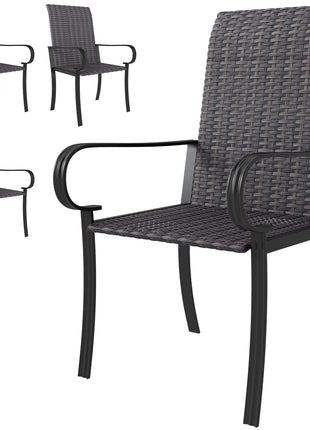 Set of 4 Outdoor Wicker Dining Chairs with Armrest, Steel Frame, Highback and Deep Seating, Brown