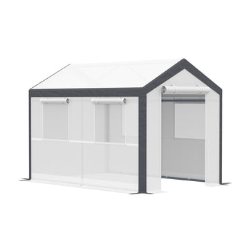 10' x 7' x 7' Greenhouse, Walk-in Outdoor Tunnel Green House with PE Cover, Steel Frame, 2 Roll-Up Zipper Doors & 4 Windows for Flowers, Vegetables, Tropical Plants, White