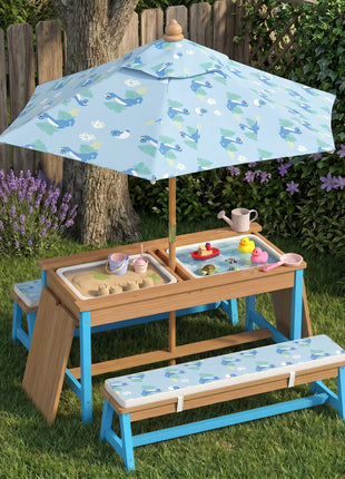 Kids Picnic Table Set with Foldable Umbrella, Removable Cushions & Boxes, Dinosaur Theme, Blue