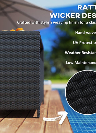 Outdoor Storage Cabinet with Acacia Wood Top, Two Doors, Shelf, Wicker Bar Table for Pool Towel Storage, Black