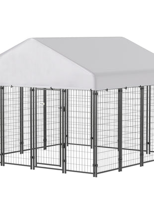 Outdoor Dog Kennel with Roof, 8' x 8' x 6' Heavy Duty Welded Wire Dog Playpen Enclosure with Escape-proof Lock