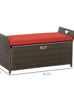 29 Gallon Patio Wicker Storage Bench, Outdoor PE Rattan Furniture, 2-In-1 Large Capacity Rectangle Garden Storage Box with Handles and Cushion, Red