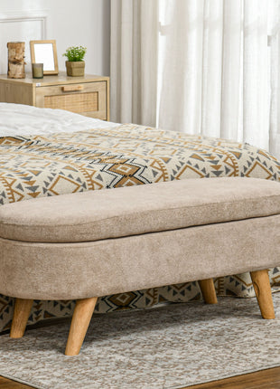 Storage Ottoman Bench, 43.3" Upholstered End of Bed Bench with Wood Legs, Modern Entryway Bench, Beige