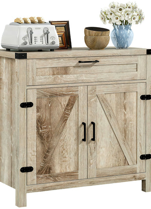 Modern Farmhouse Sideboard with Storage, Buffet Cabinet with 2 Barn Doors and Drawer for Dining Room, Oak