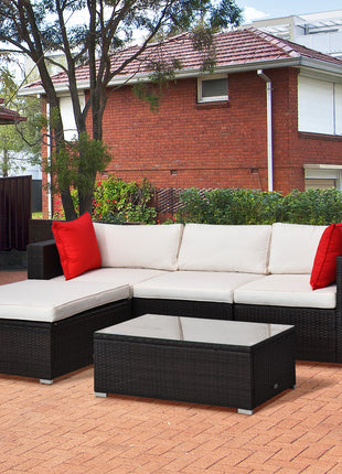 5-Piece Patio Furniture Set with Cushions, Outdoor PE Rattan Wicker Sofa Set, Sectional Furniture with Pillows, Glass Coffee Table for Garden, Backyard, Brown/Cream White