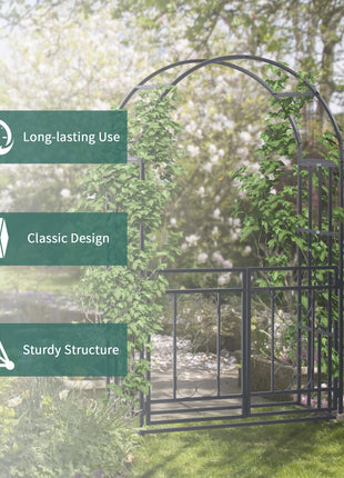 81" Metal Garden Arbor with Double Doors, Locking Gate, Climbing Vine Frame with Heart Motifs, Arch for Wedding, Bridal Party Decoration, Grey
