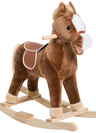 Kids Ride on Rocking Horse Toddler Plush Toy with Realistic Sounds for 3 Years Old Children - Brown