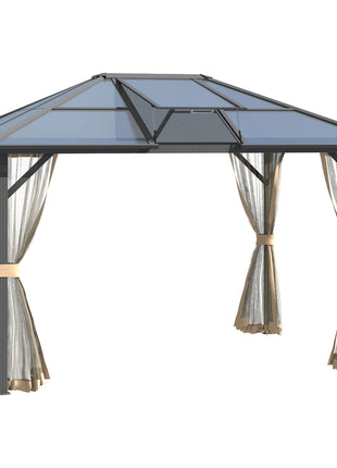 10' x 12' Hardtop Gazebo Canopy with Polycarbonate Roof, Aluminum Frame, Permanent Pavilion Outdoor Gazebo with Netting, for Patio, Garden, Backyard, Deck, Lawn, Gray, Brown
