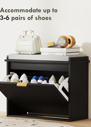 Shoe Storage Bench with Padded Seat Cushion and Flip-Drawer, Entryway Bench, Shoe Cabinet, 24.4x10.2x18.7 Inches, Black
