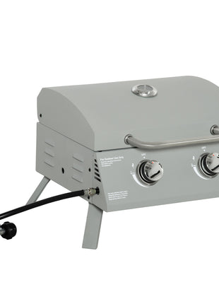2 Burner Folding Tabletop Gas BBQ Grill w/ Lid, Thermometer, Carbon Steel, Gray