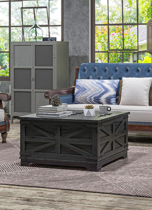 Farmhouse Coffee Table, Square Center Table with Flip-top Lids, Hidden Storage Compartment, Distressed Black
