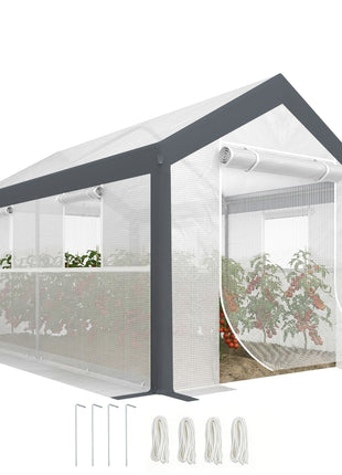 12' x 7' x 7' Greenhouse, Walk-in Outdoor Tunnel Green House with PE Cover, Steel Frame, 2 Roll-Up Zipper Doors & 4 Windows for Flowers, Vegetables, Tropical Plants, White/Dark Gray