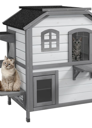 Wooden 2-Story Outdoor Cat House, Feral Cat Shelter Kitten Condo with Openable Asphalt Roof and 4 Platforms, White