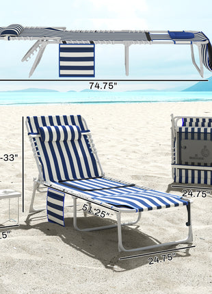 Tanning Chair Set of 2 with Face Hole and Side Table, 5-Position Folding Outdoor Chaise Lounge Chair, Blue and White