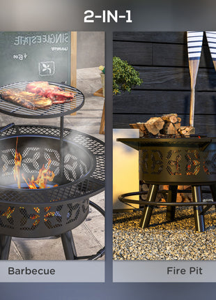 Wood Burning Fire Pit, Charcoal BBQ Grill, Portable Firepit with Cooking Grate, Pan, and Poker, 33", Black
