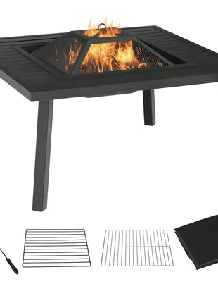 34" Fire Pit with Grill, Metal Outdoor Wood Burning Firepit with Spark Screen, Fire Poker, Cover, Table Lip, Black