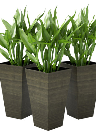 Set of 3 Tall Planters, 28" Outdoor Planter w/ Drainage Holes, Faux Wood Plastic Flower Pots, Dark Brown