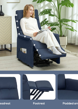 Power Lift Chair for Elderly, Fabric Recliner Sofa with Remote Control, Side Pockets, Quick Assembly, Deep Blue