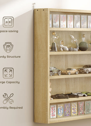 5-Tier Display Cabinet, Wall-Mounted Display Case with 2 Glass Doors and Adjustable Shelves, Oak