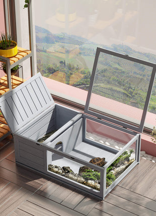 Wooden Reptile Cage with 3 Windows Slide-out Tray for Turtles, Lizards, Snakes